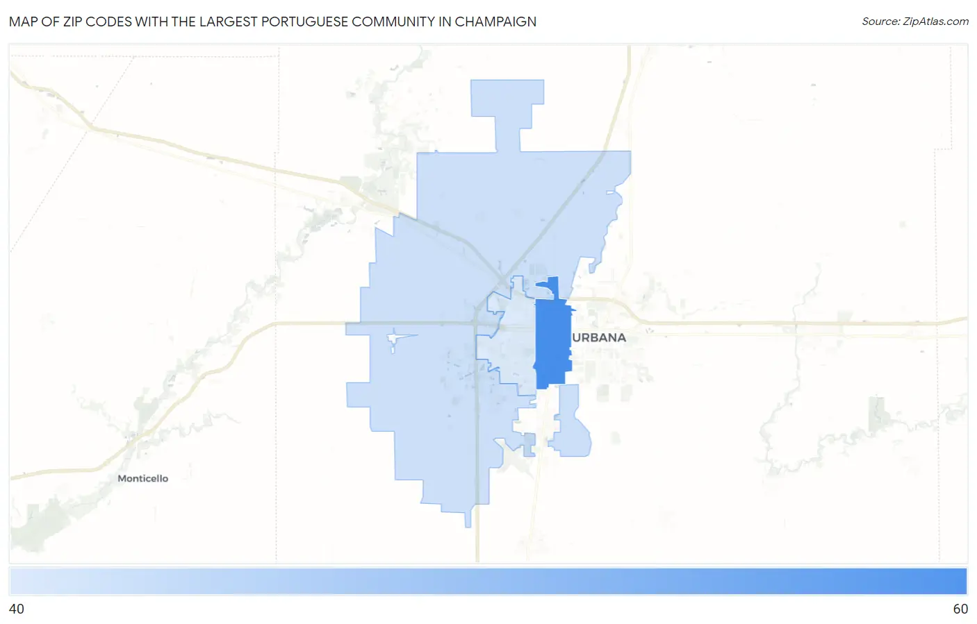 Zip Codes with the Largest Portuguese Community in Champaign Map