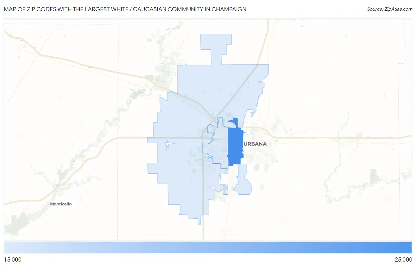 Zip Codes with the Largest White / Caucasian Community in Champaign Map