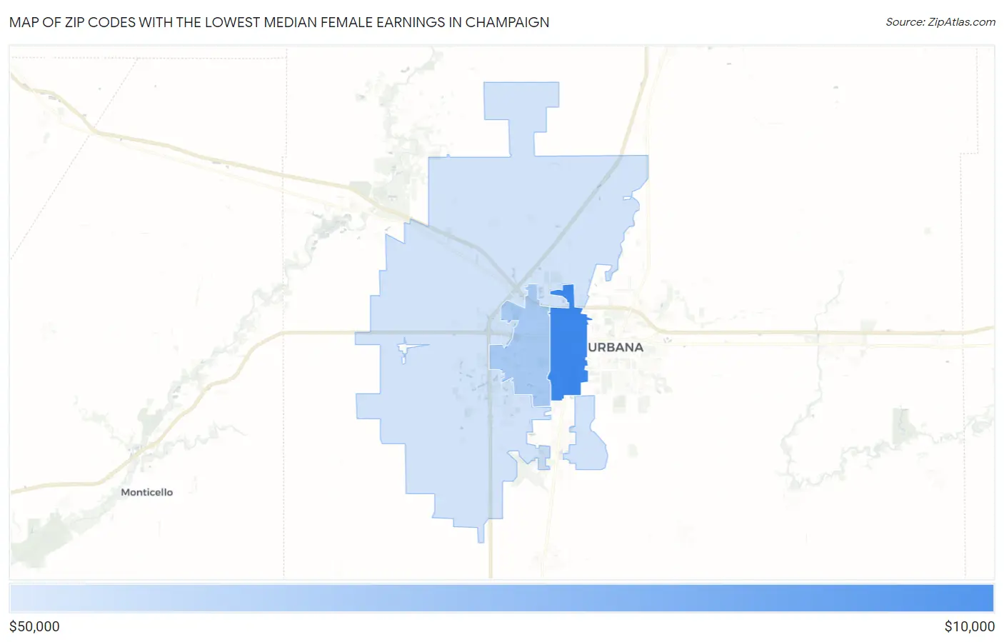 Zip Codes with the Lowest Median Female Earnings in Champaign Map