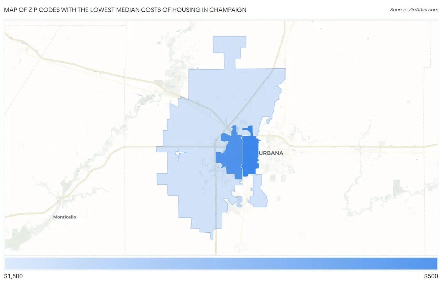 Zip Codes with the Lowest Median Costs of Housing in Champaign Map