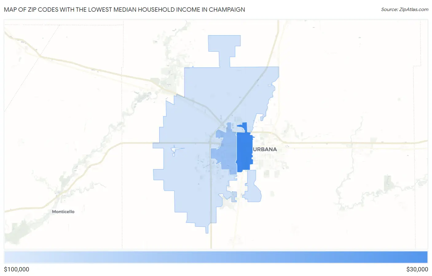 Zip Codes with the Lowest Median Household Income in Champaign Map