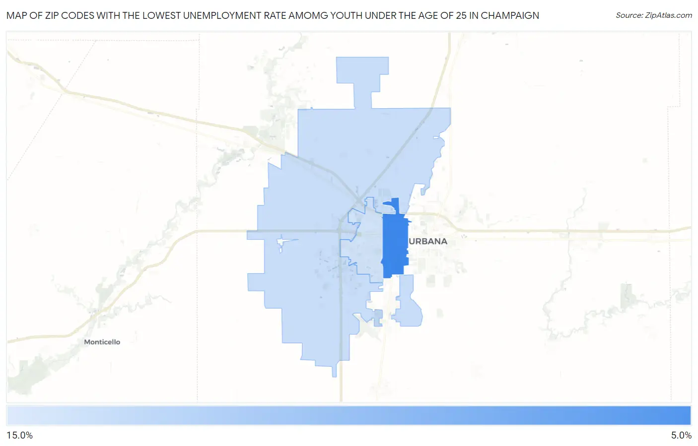Zip Codes with the Lowest Unemployment Rate Amomg Youth Under the Age of 25 in Champaign Map
