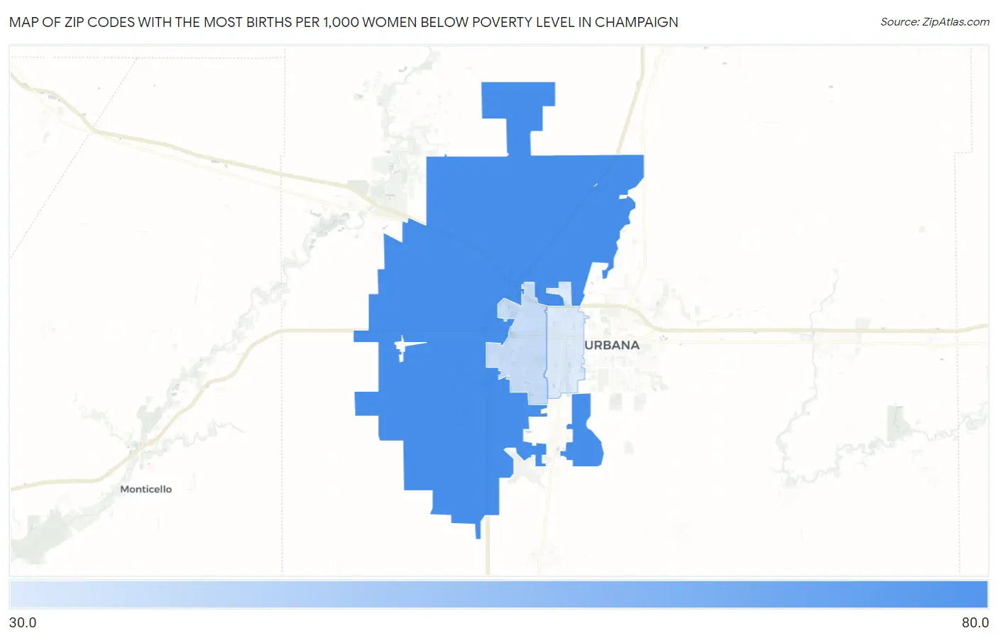 Zip Codes with the Most Births per 1,000 Women Below Poverty Level in Champaign Map