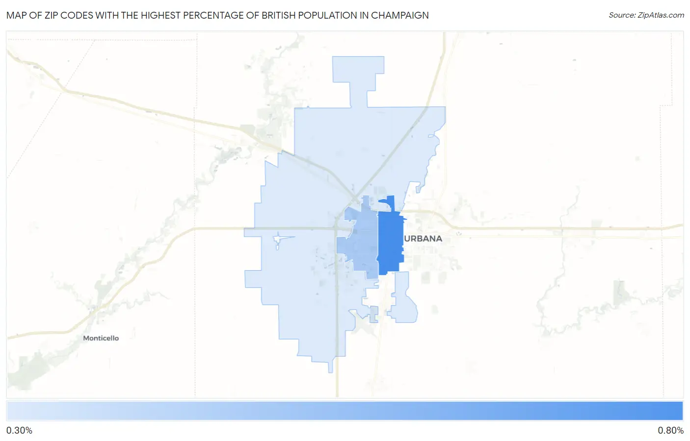 Zip Codes with the Highest Percentage of British Population in Champaign Map