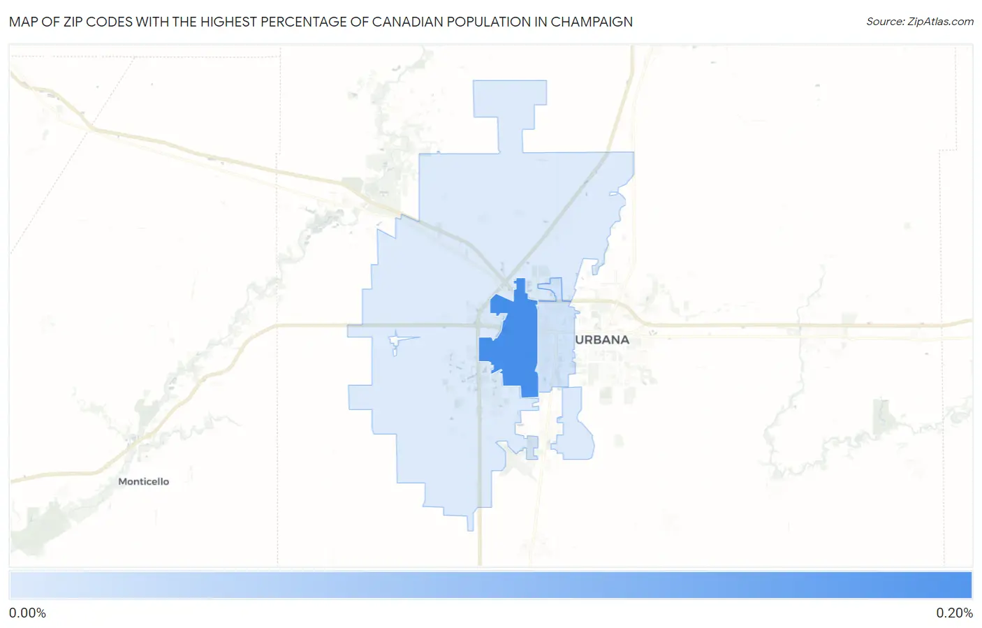 Zip Codes with the Highest Percentage of Canadian Population in Champaign Map