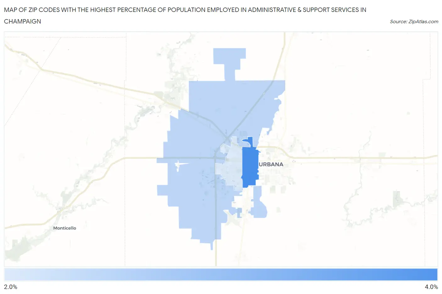 Zip Codes with the Highest Percentage of Population Employed in Administrative & Support Services in Champaign Map