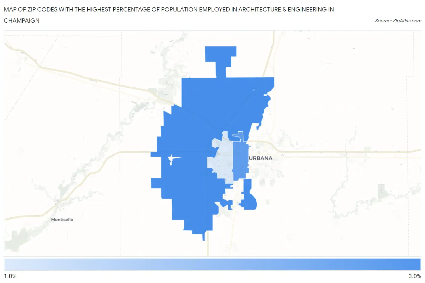 Zip Codes with the Highest Percentage of Population Employed in Architecture & Engineering in Champaign Map