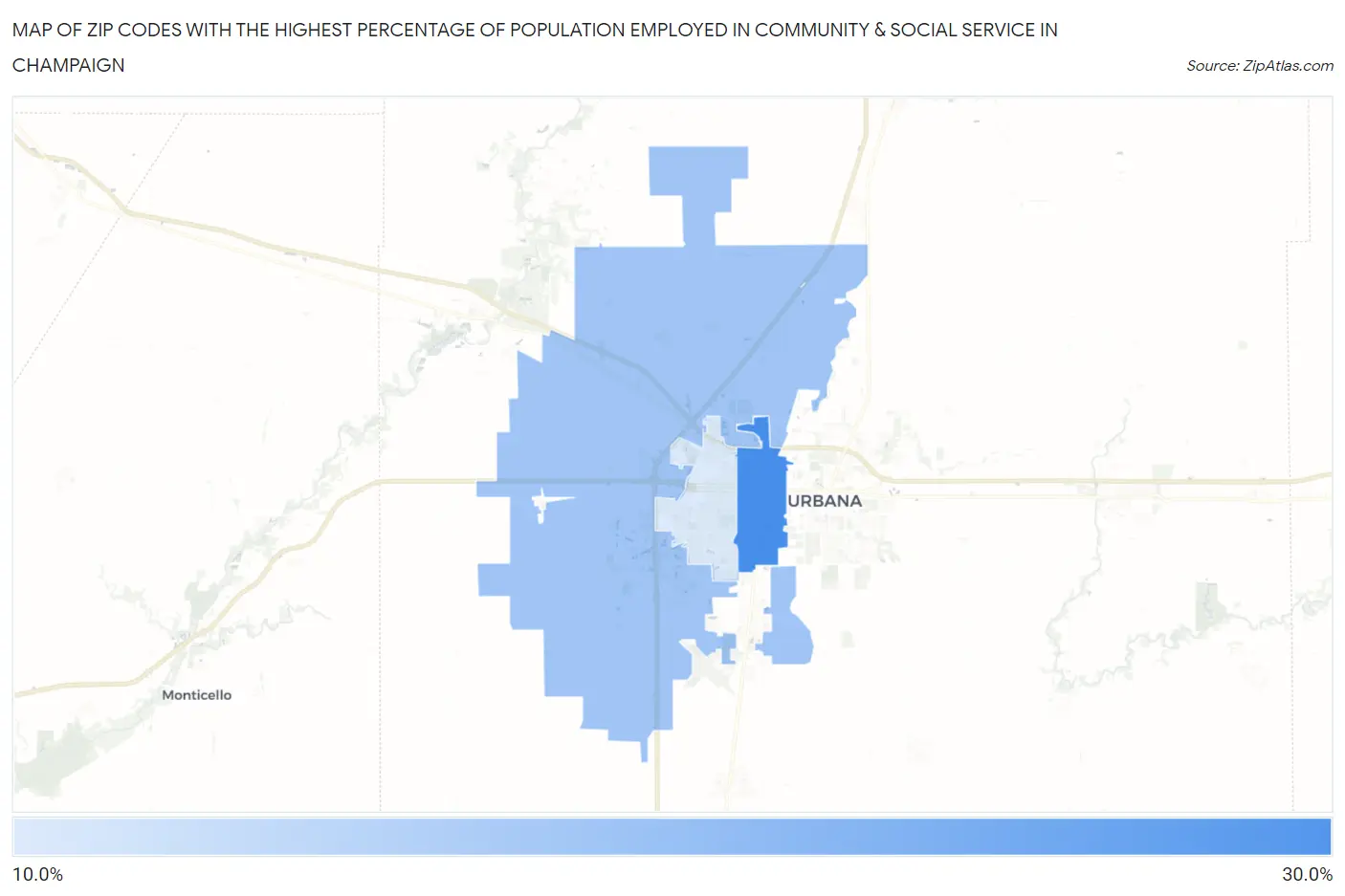 Zip Codes with the Highest Percentage of Population Employed in Community & Social Service  in Champaign Map