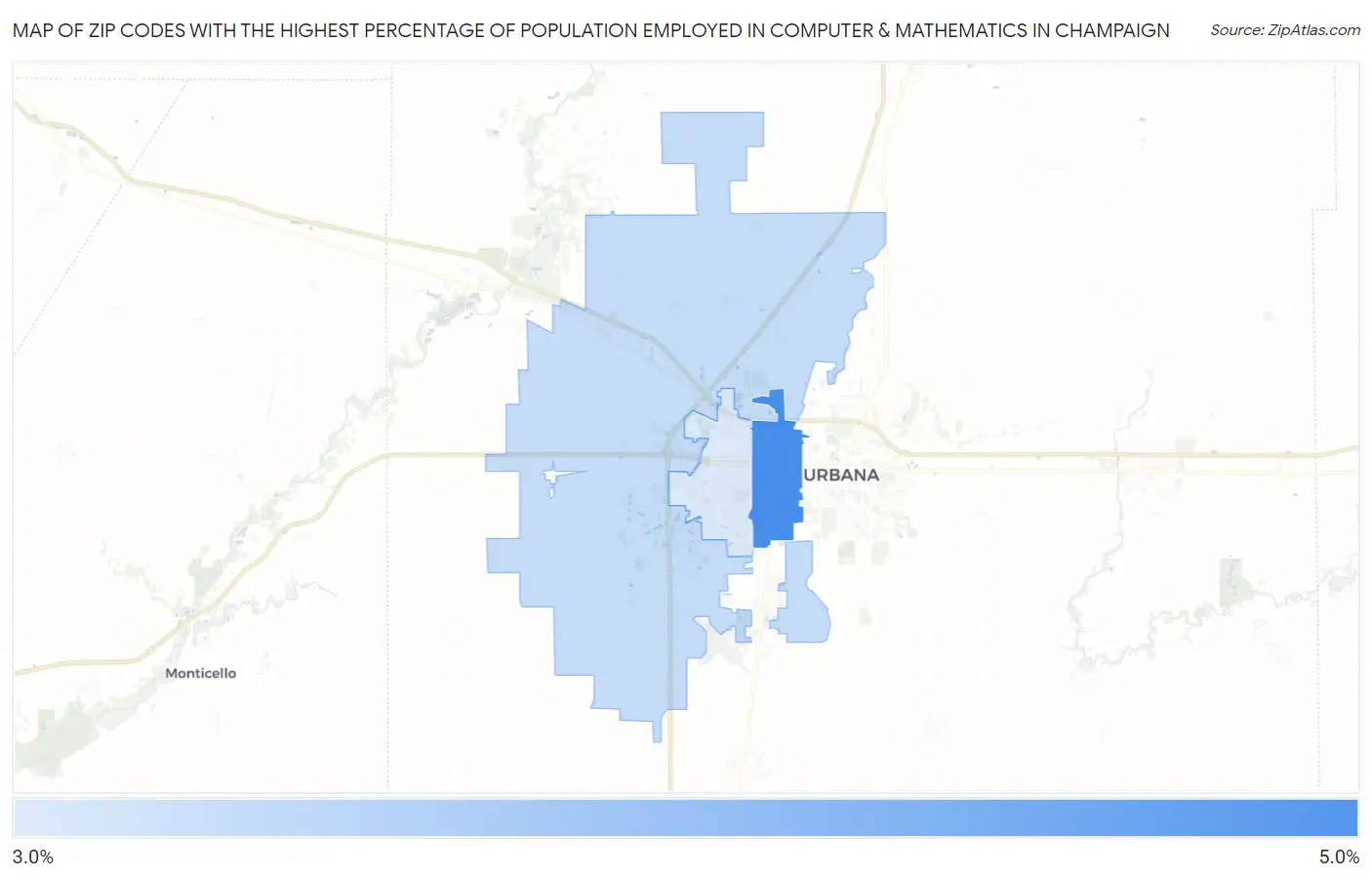 Zip Codes with the Highest Percentage of Population Employed in Computer & Mathematics in Champaign Map