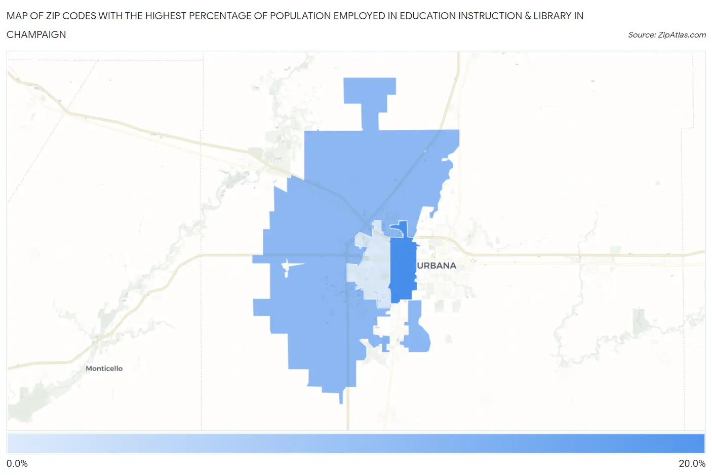 Zip Codes with the Highest Percentage of Population Employed in Education Instruction & Library in Champaign Map