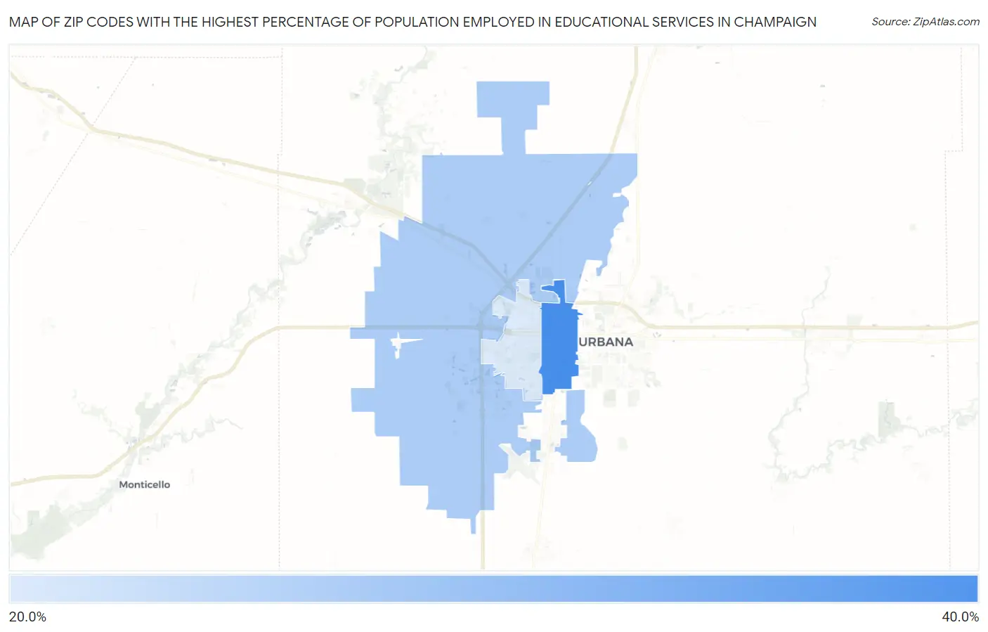 Zip Codes with the Highest Percentage of Population Employed in Educational Services in Champaign Map