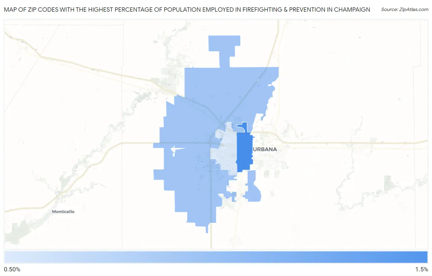 Zip Codes with the Highest Percentage of Population Employed in Firefighting & Prevention in Champaign Map