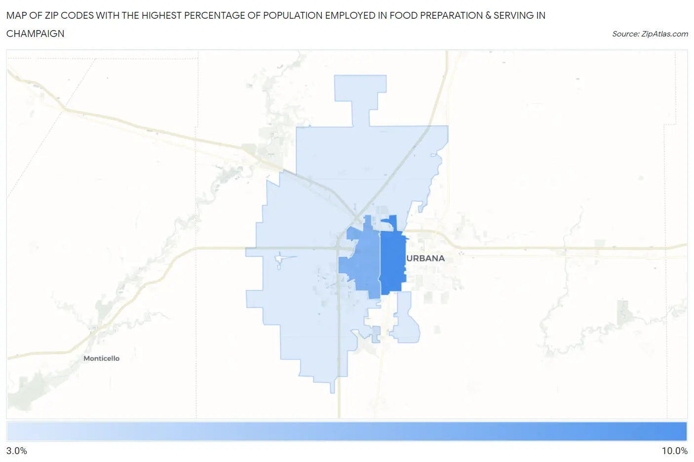 Zip Codes with the Highest Percentage of Population Employed in Food Preparation & Serving in Champaign Map