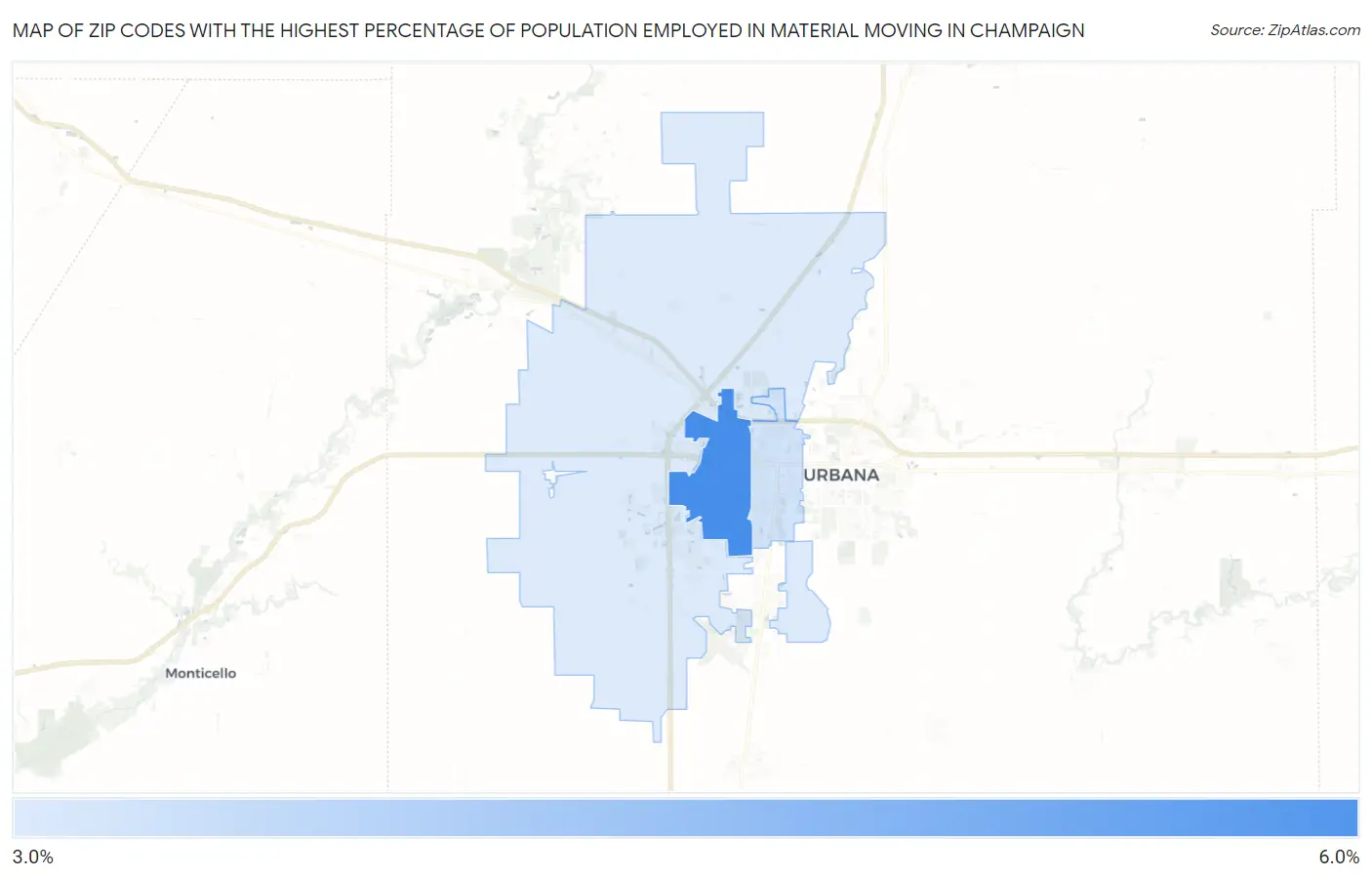 Zip Codes with the Highest Percentage of Population Employed in Material Moving in Champaign Map