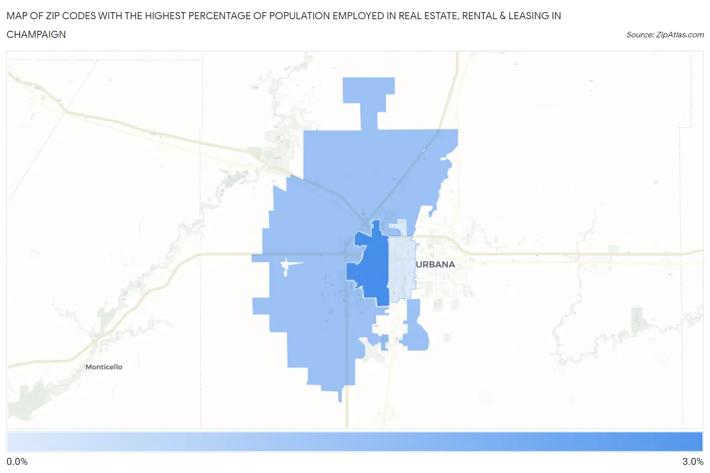 Zip Codes with the Highest Percentage of Population Employed in Real Estate, Rental & Leasing in Champaign Map