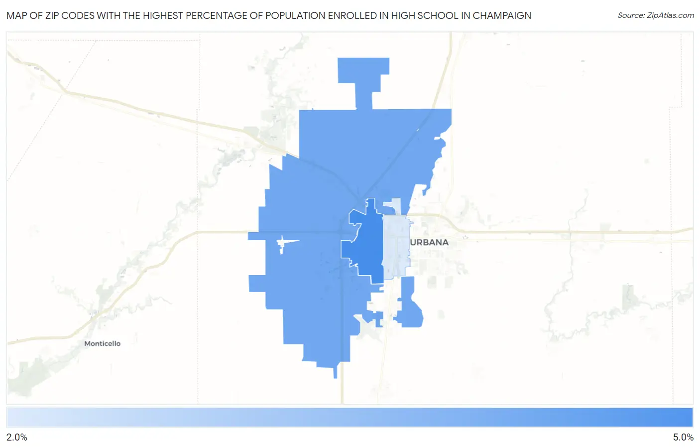 Zip Codes with the Highest Percentage of Population Enrolled in High School in Champaign Map