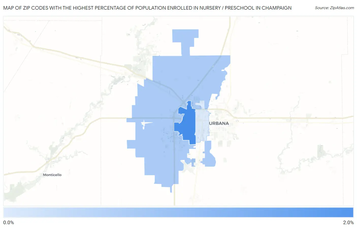 Zip Codes with the Highest Percentage of Population Enrolled in Nursery / Preschool in Champaign Map