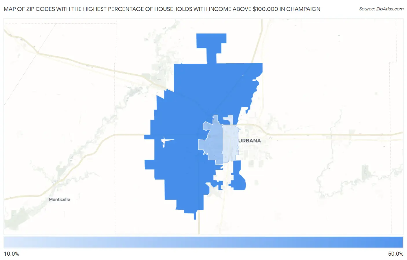 Zip Codes with the Highest Percentage of Households with Income Above $100,000 in Champaign Map