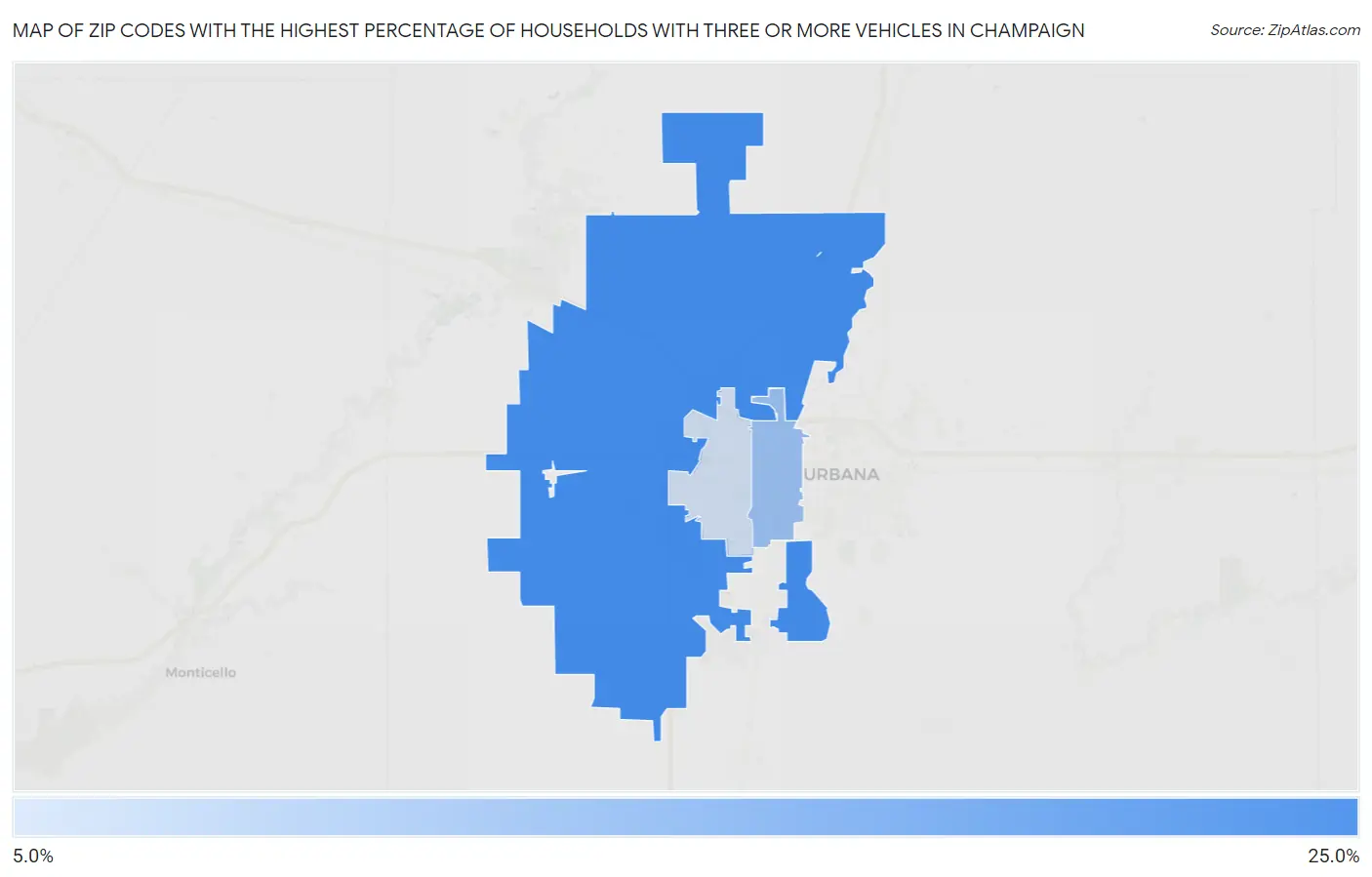 Zip Codes with the Highest Percentage of Households With Three or more Vehicles in Champaign Map
