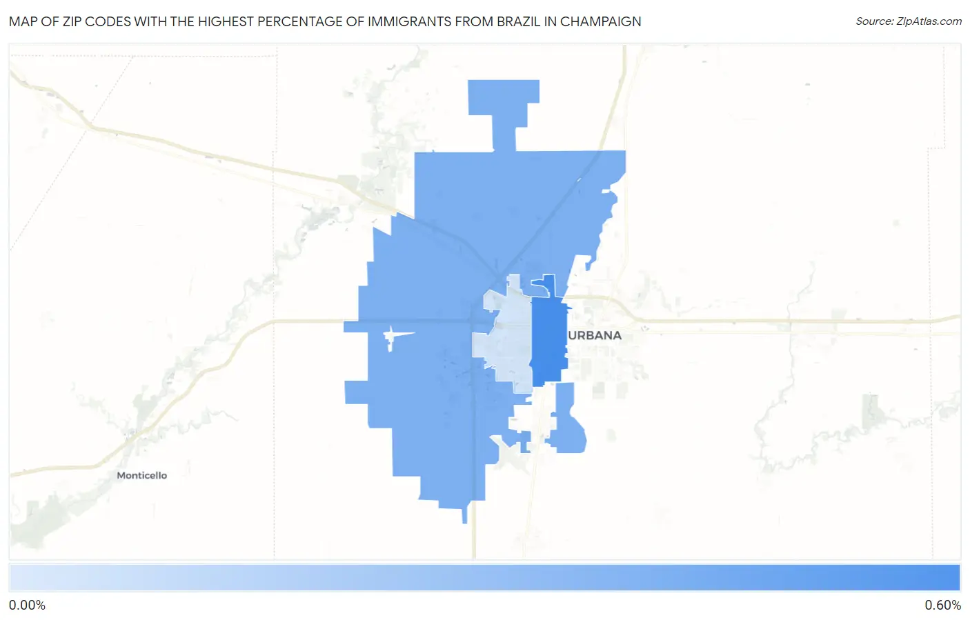 Zip Codes with the Highest Percentage of Immigrants from Brazil in Champaign Map
