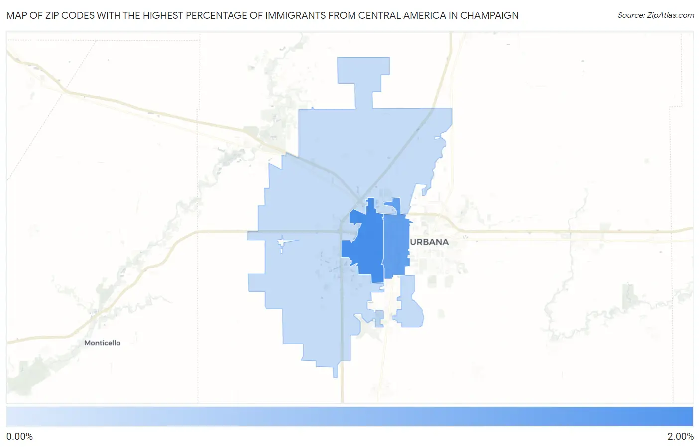 Zip Codes with the Highest Percentage of Immigrants from Central America in Champaign Map