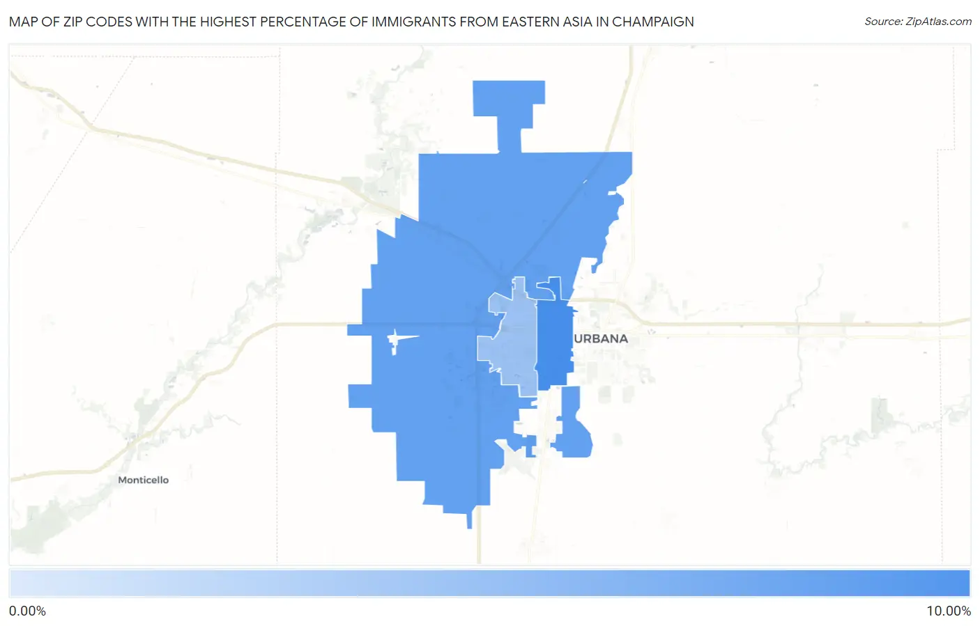 Zip Codes with the Highest Percentage of Immigrants from Eastern Asia in Champaign Map