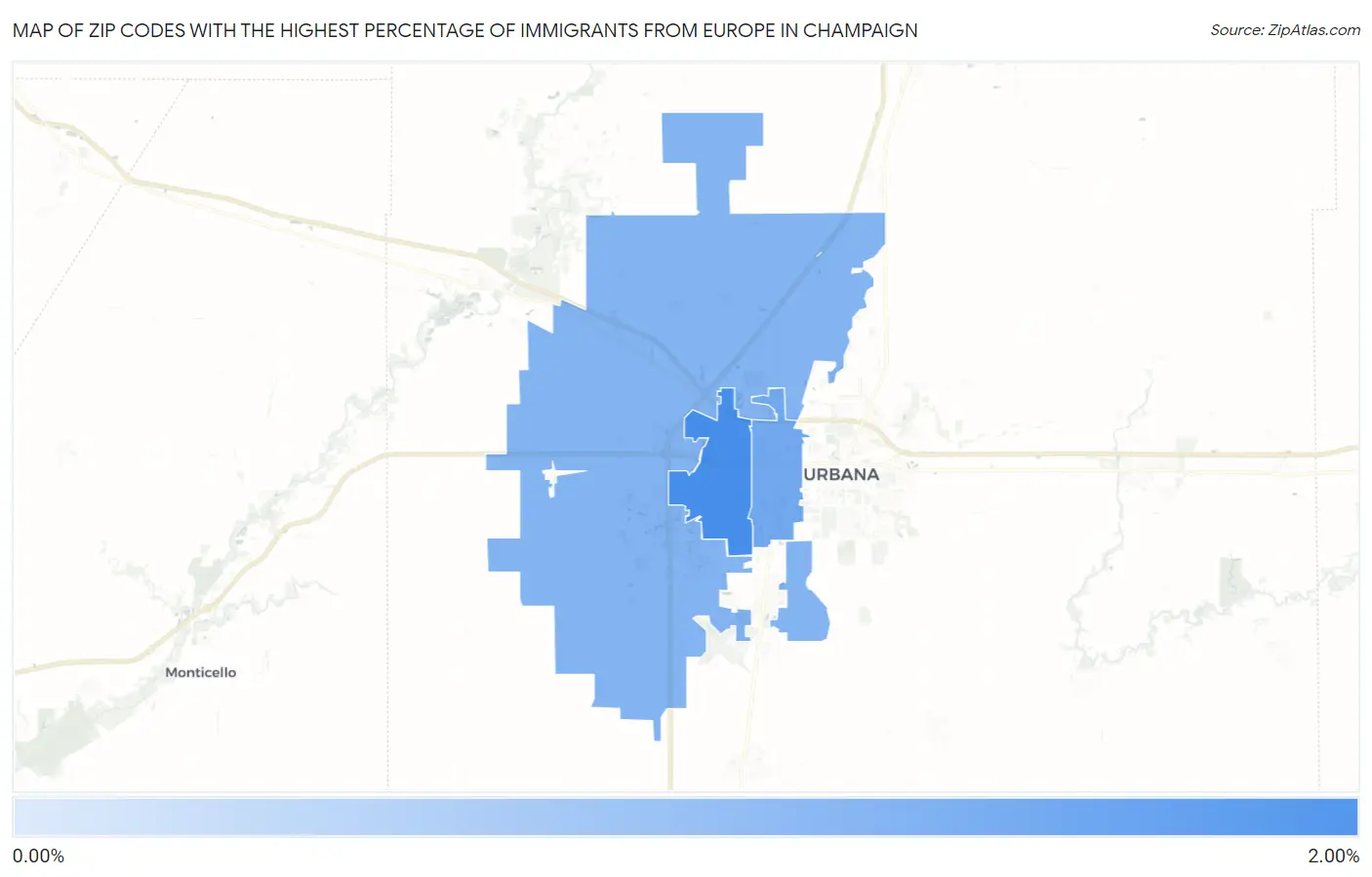 Zip Codes with the Highest Percentage of Immigrants from Europe in Champaign Map