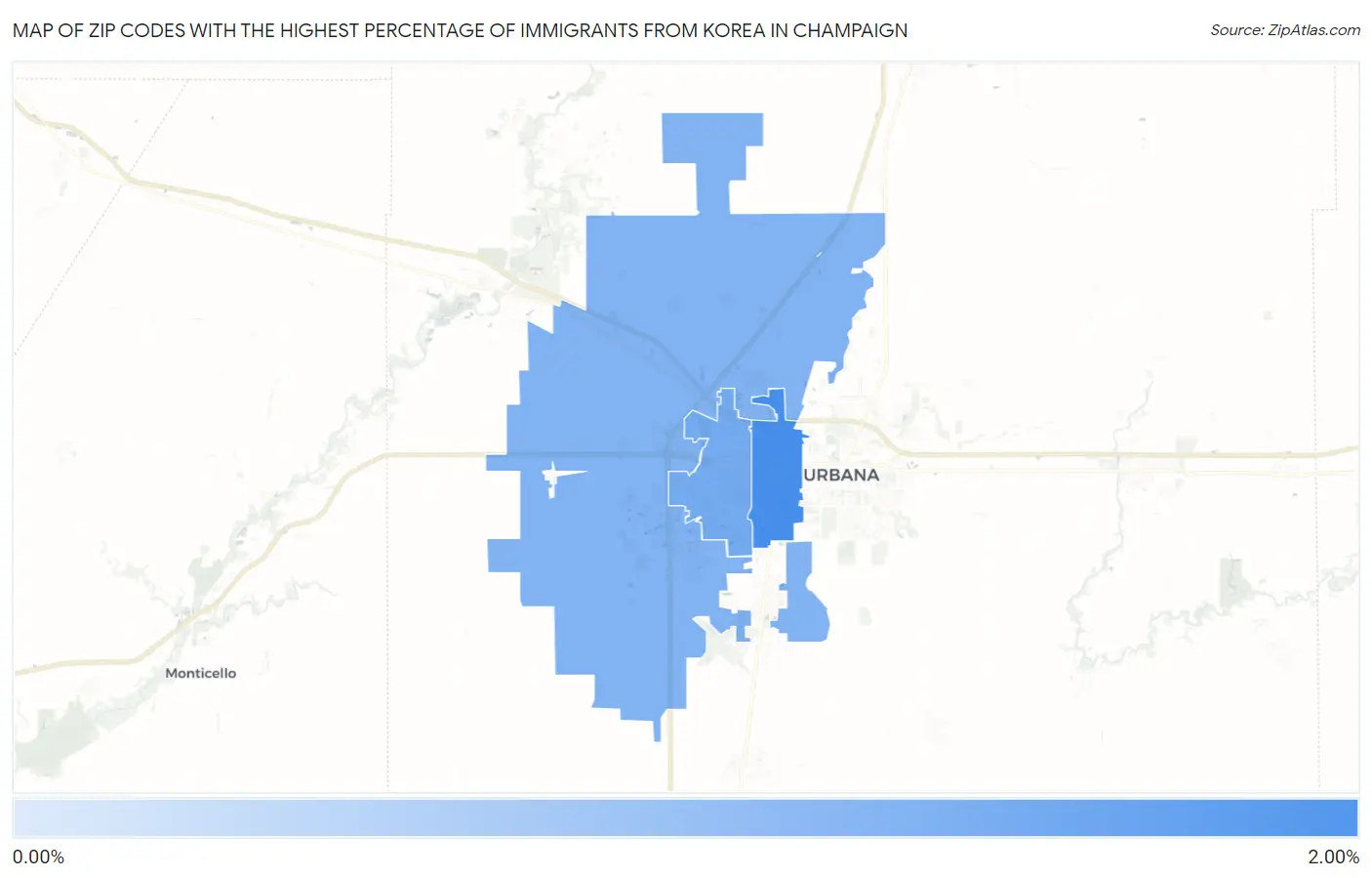 Zip Codes with the Highest Percentage of Immigrants from Korea in Champaign Map