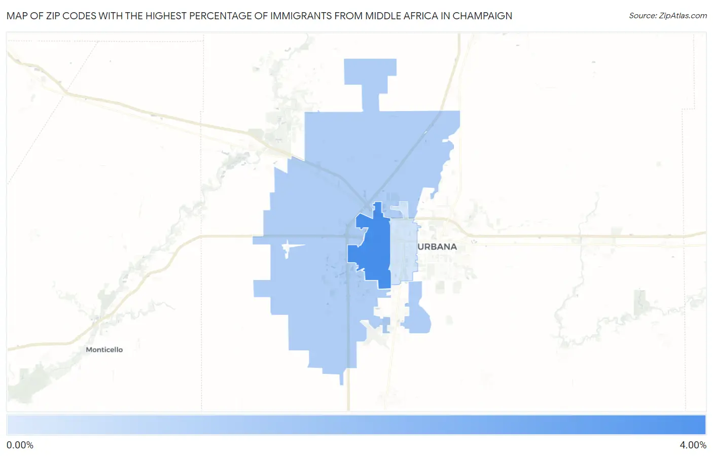 Zip Codes with the Highest Percentage of Immigrants from Middle Africa in Champaign Map