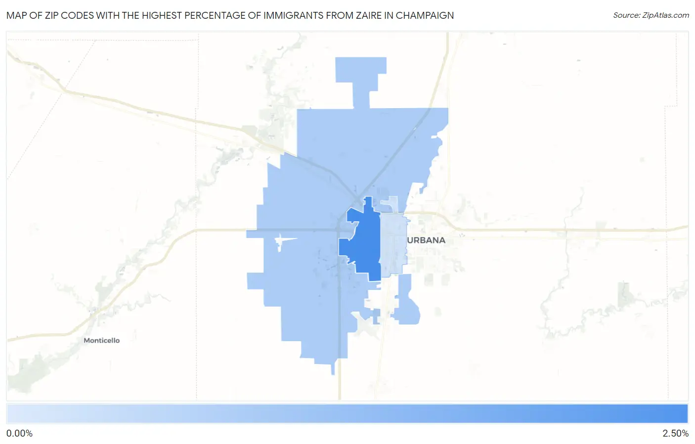 Zip Codes with the Highest Percentage of Immigrants from Zaire in Champaign Map