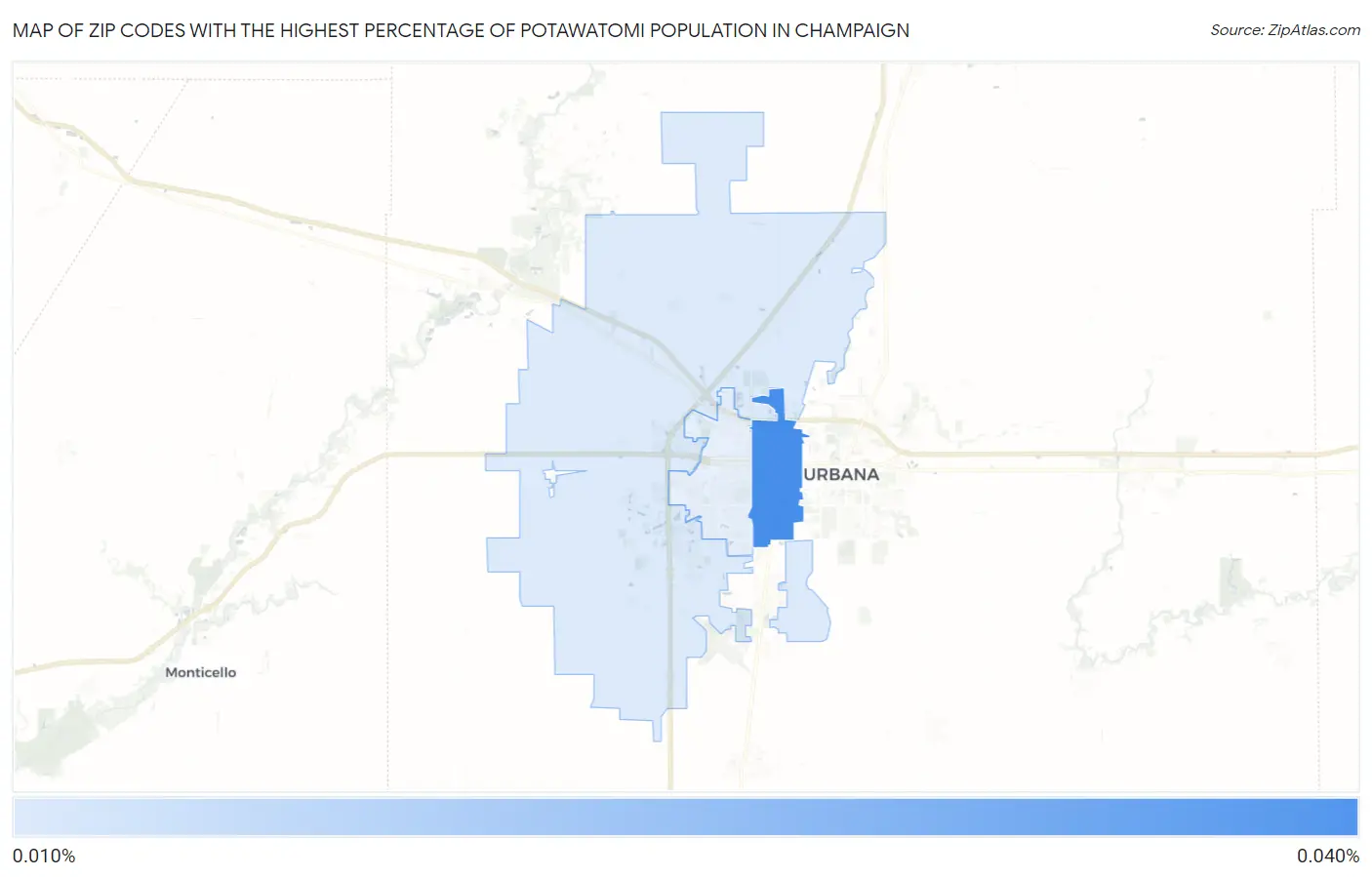 Zip Codes with the Highest Percentage of Potawatomi Population in Champaign Map