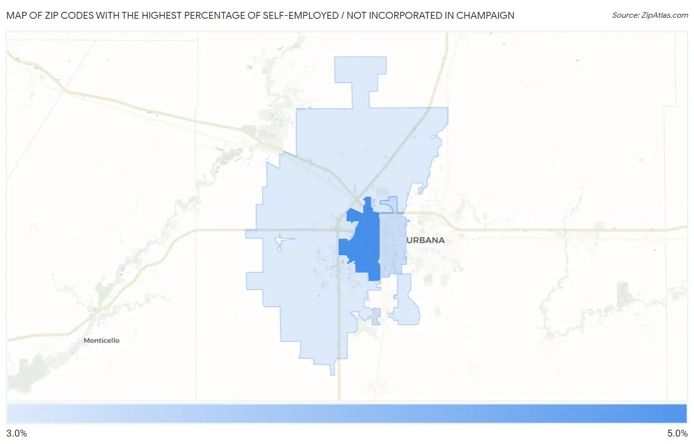 Zip Codes with the Highest Percentage of Self-Employed / Not Incorporated in Champaign Map