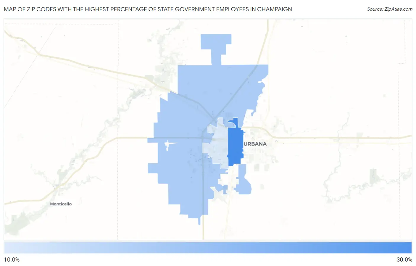 Zip Codes with the Highest Percentage of State Government Employees in Champaign Map