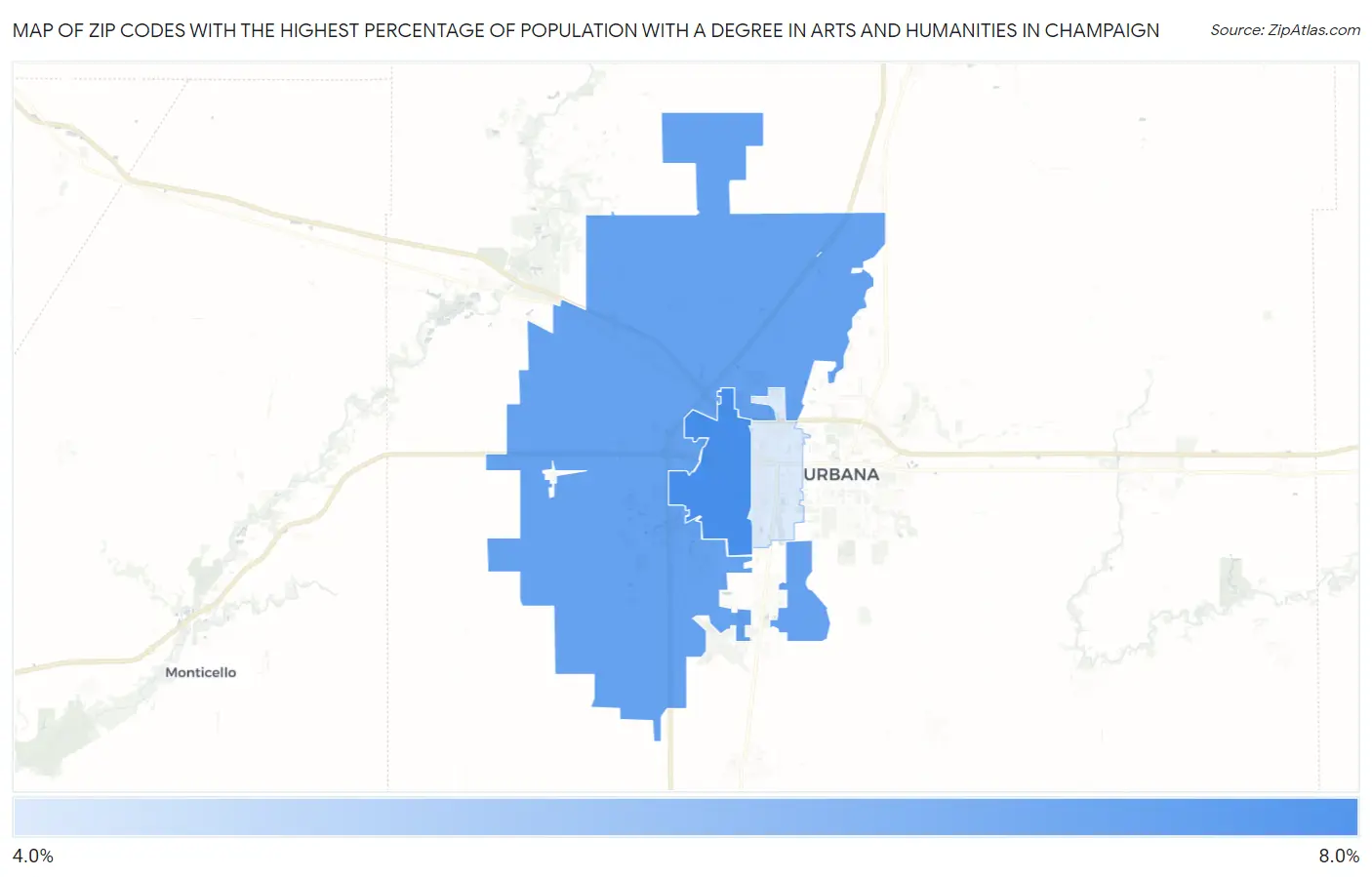 Zip Codes with the Highest Percentage of Population with a Degree in Arts and Humanities in Champaign Map