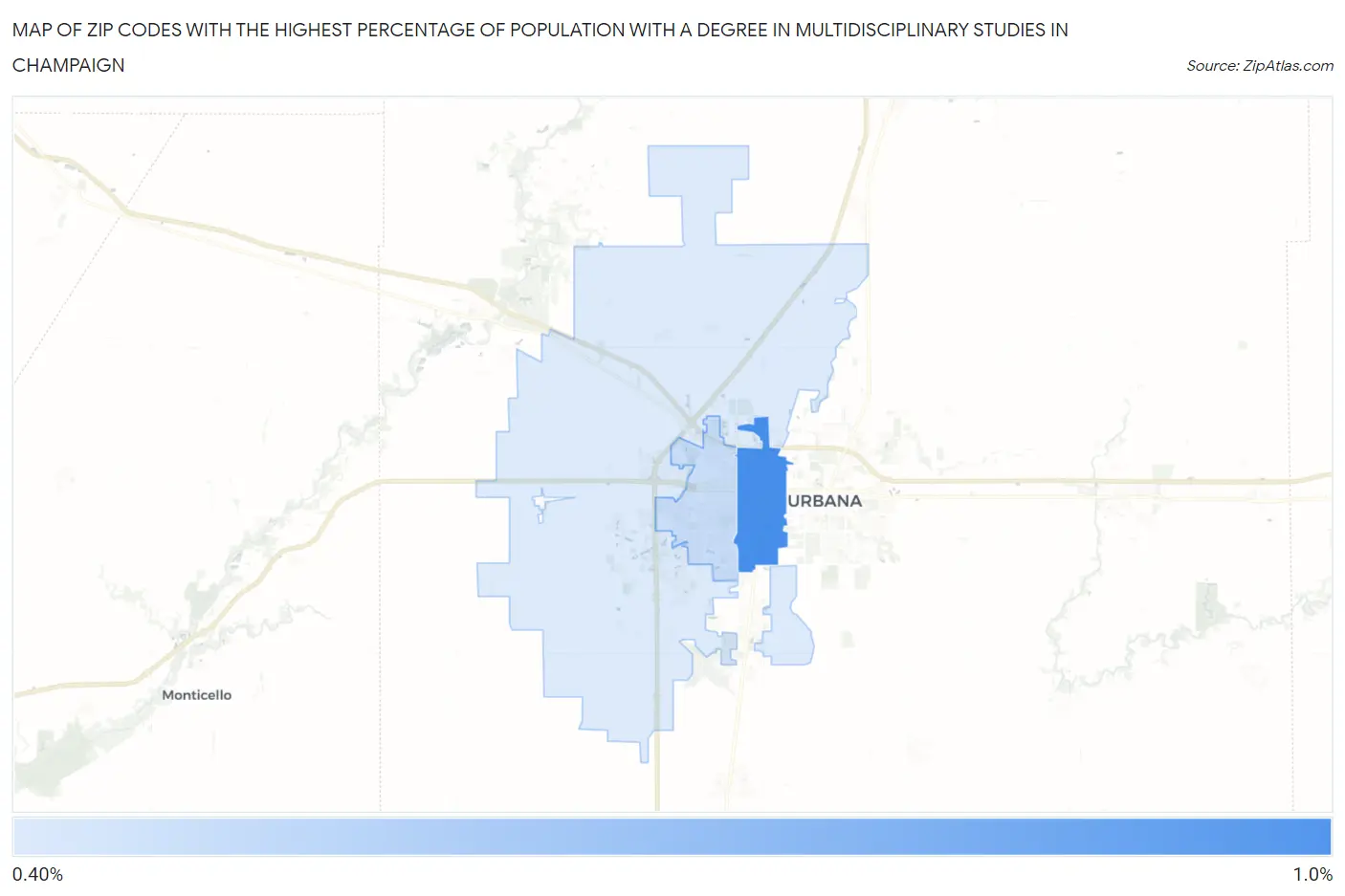 Zip Codes with the Highest Percentage of Population with a Degree in Multidisciplinary Studies in Champaign Map