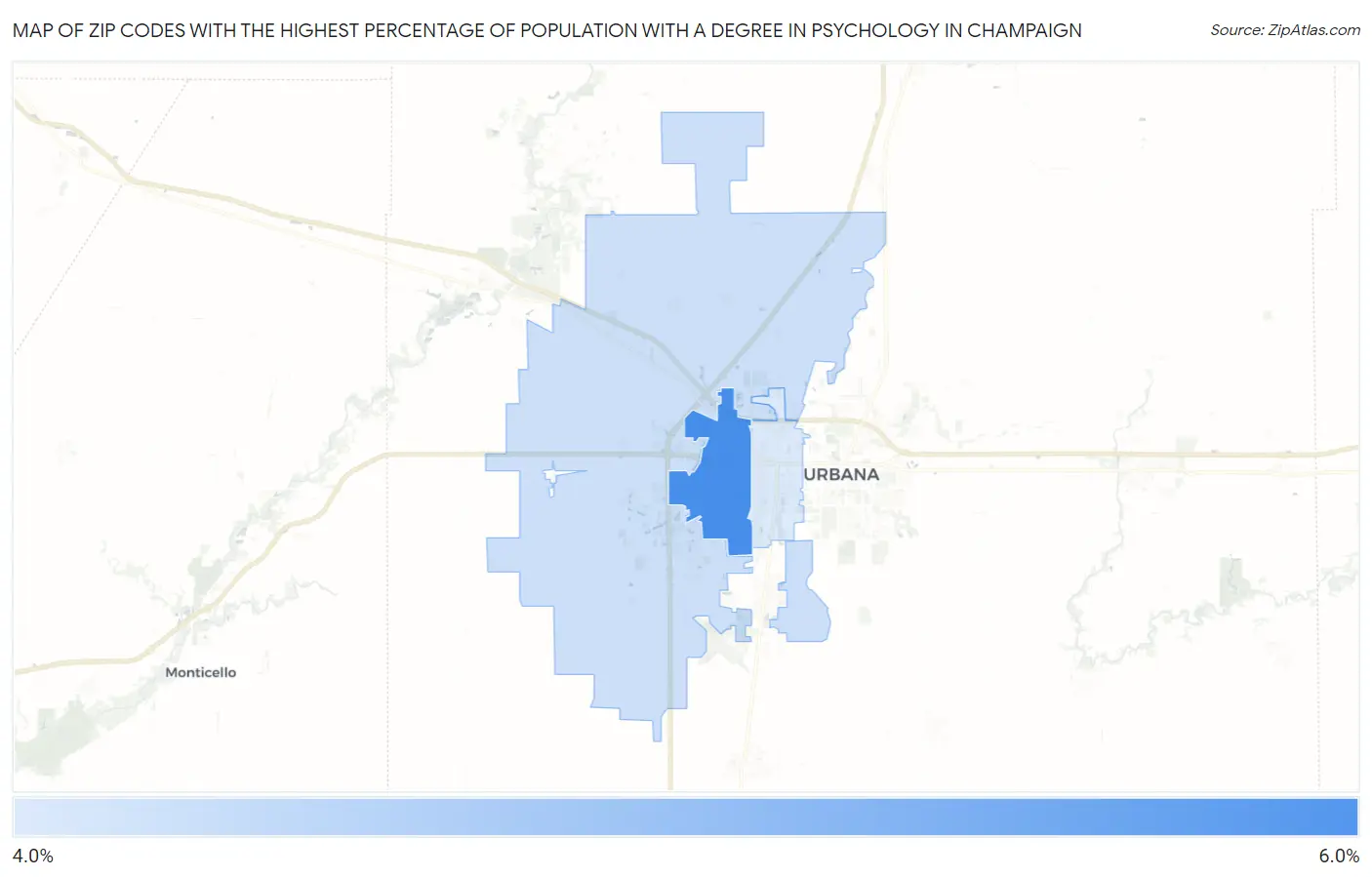 Zip Codes with the Highest Percentage of Population with a Degree in Psychology in Champaign Map