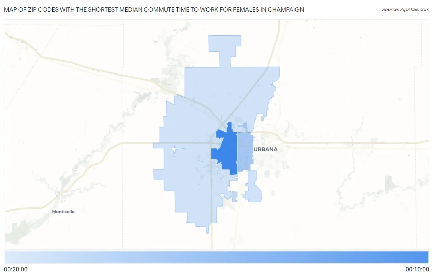 Zip Codes with the Shortest Median Commute Time to Work for Females in Champaign Map
