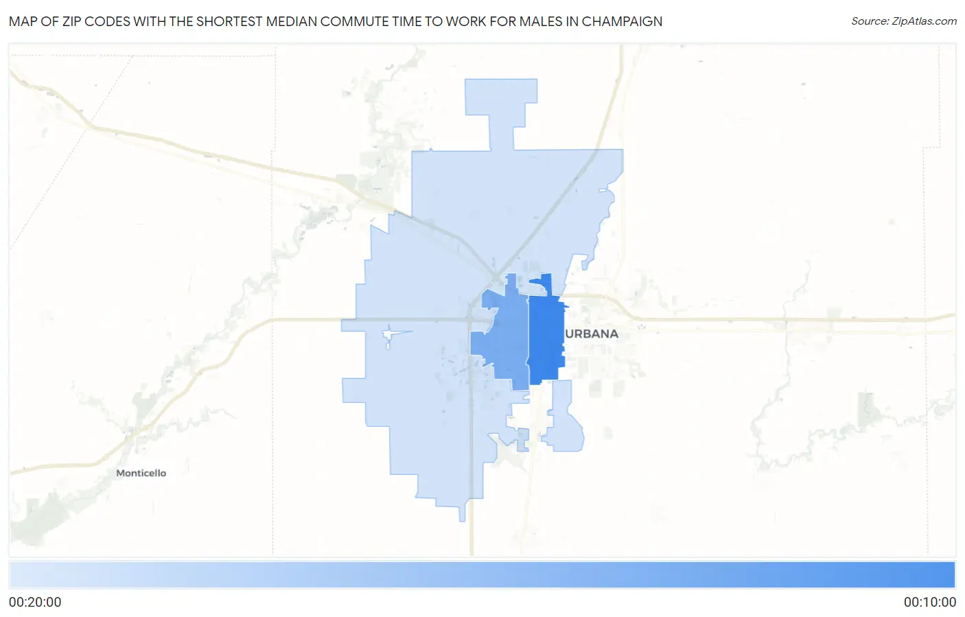 Zip Codes with the Shortest Median Commute Time to Work for Males in Champaign Map