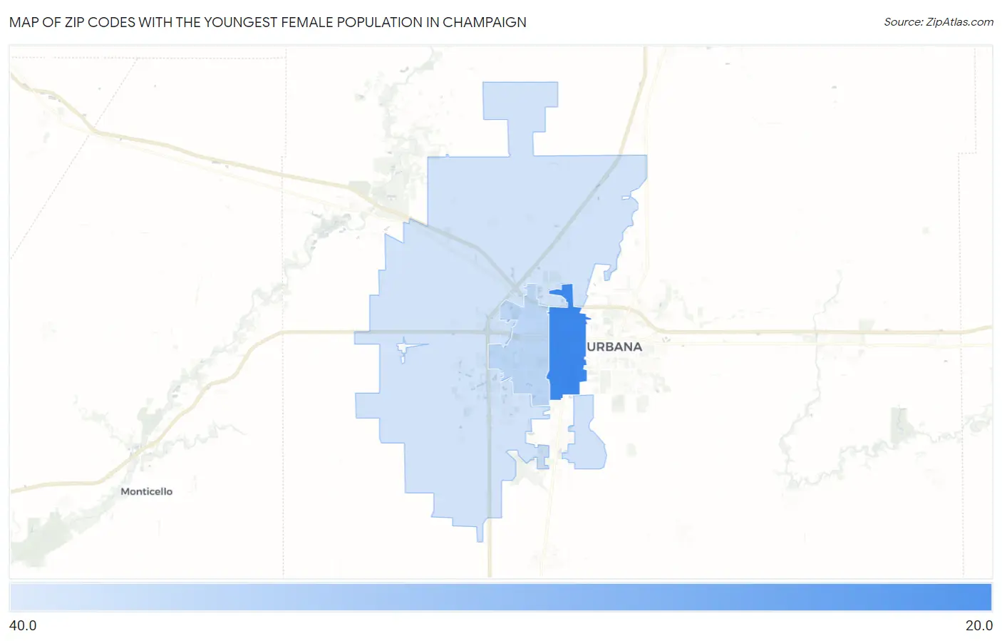 Zip Codes with the Youngest Female Population in Champaign Map