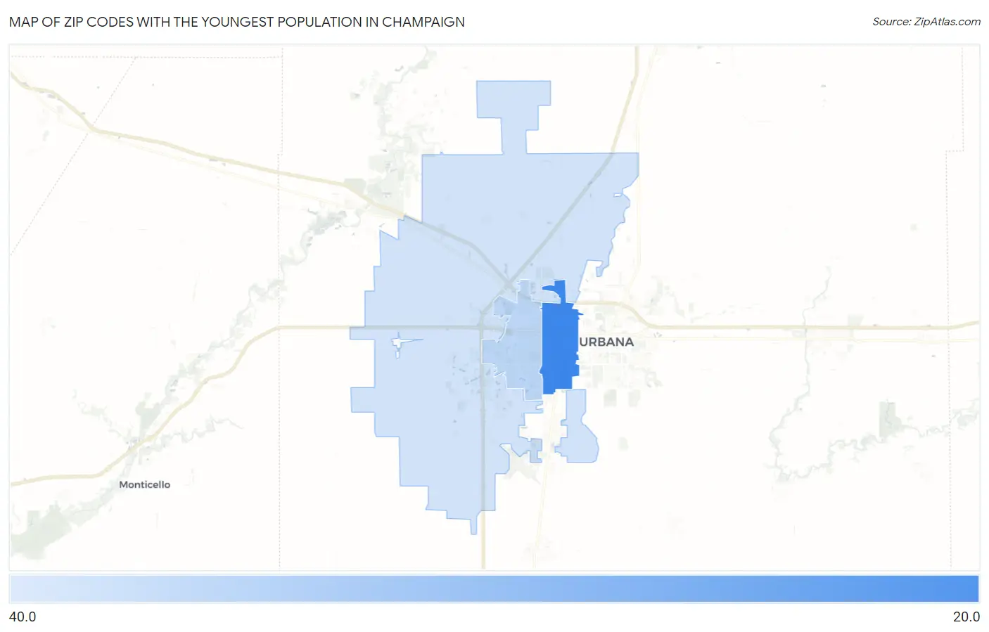 Zip Codes with the Youngest Population in Champaign Map
