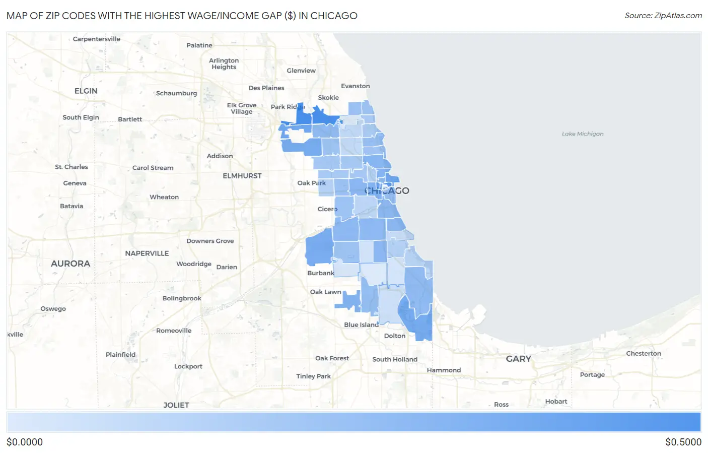 Zip Codes with the Highest Wage/Income Gap ($) in Chicago Map