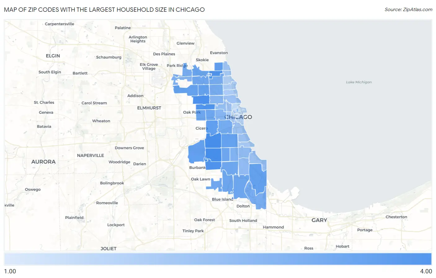 Zip Codes with the Largest Household Size in Chicago Map