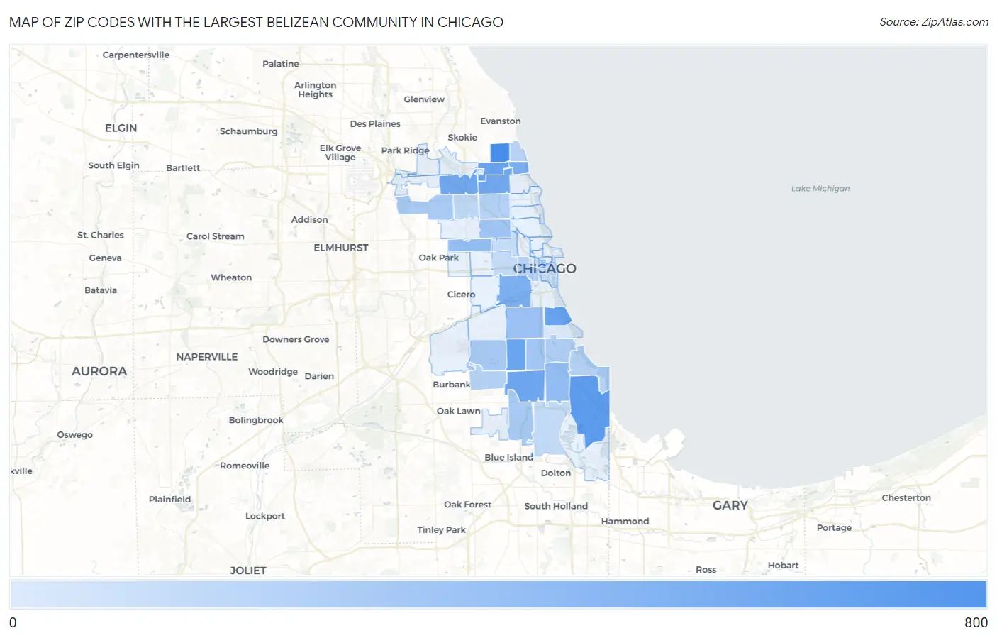 Zip Codes with the Largest Belizean Community in Chicago Map