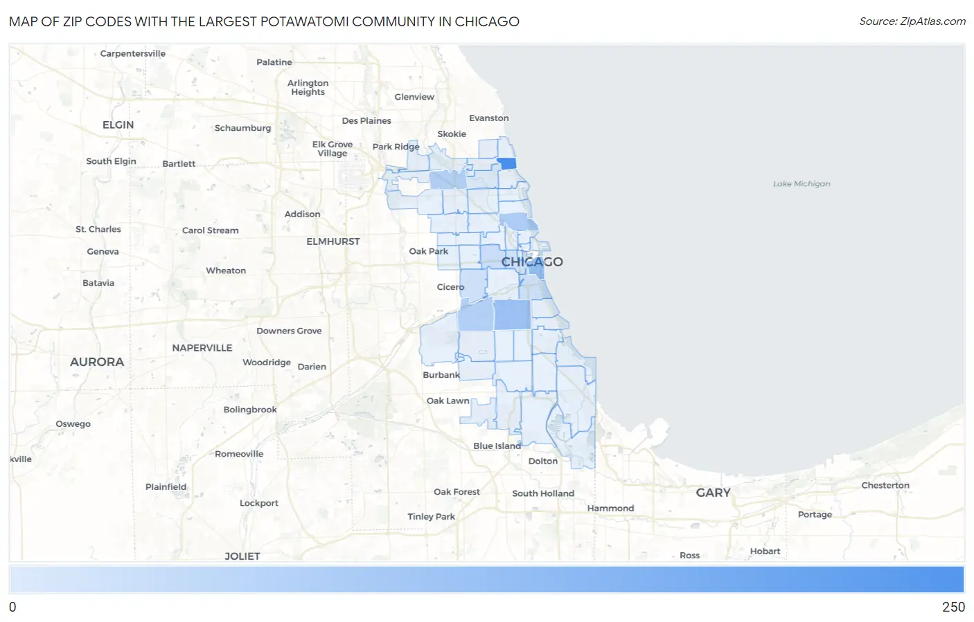 Zip Codes with the Largest Potawatomi Community in Chicago Map