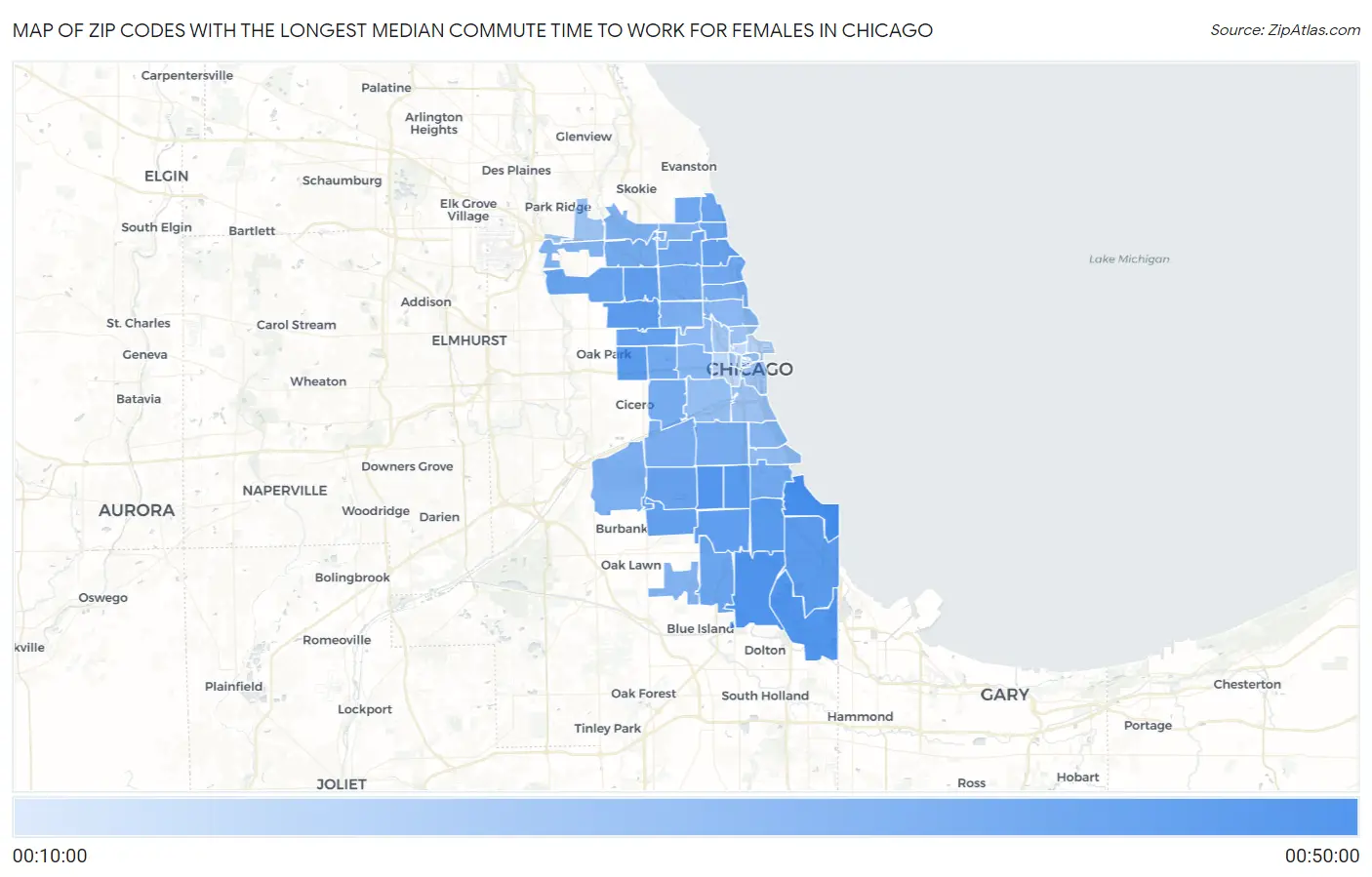 Zip Codes with the Longest Median Commute Time to Work for Females in Chicago Map