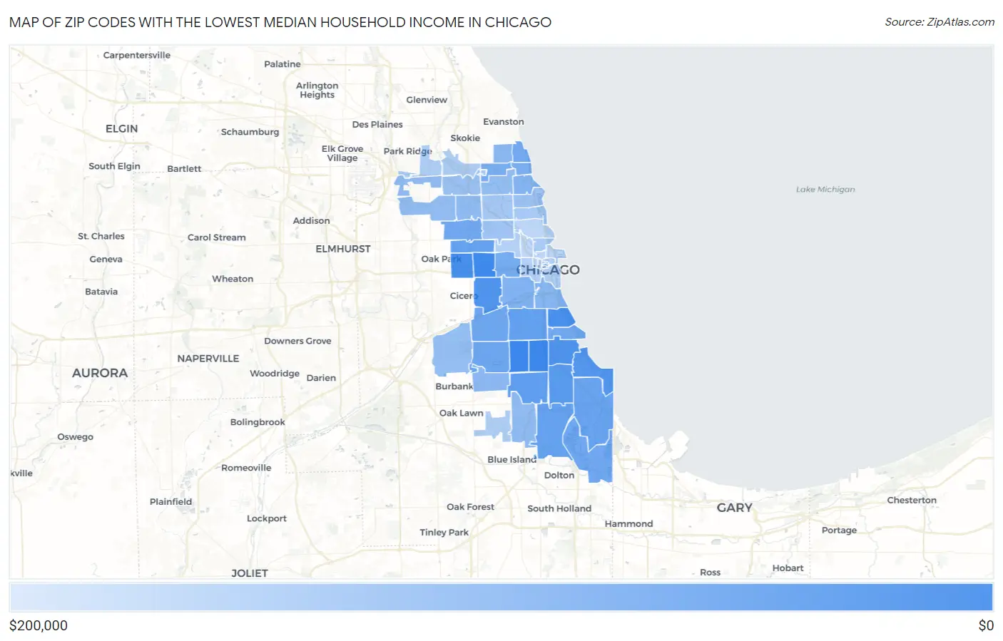 Zip Codes with the Lowest Median Household Income in Chicago Map