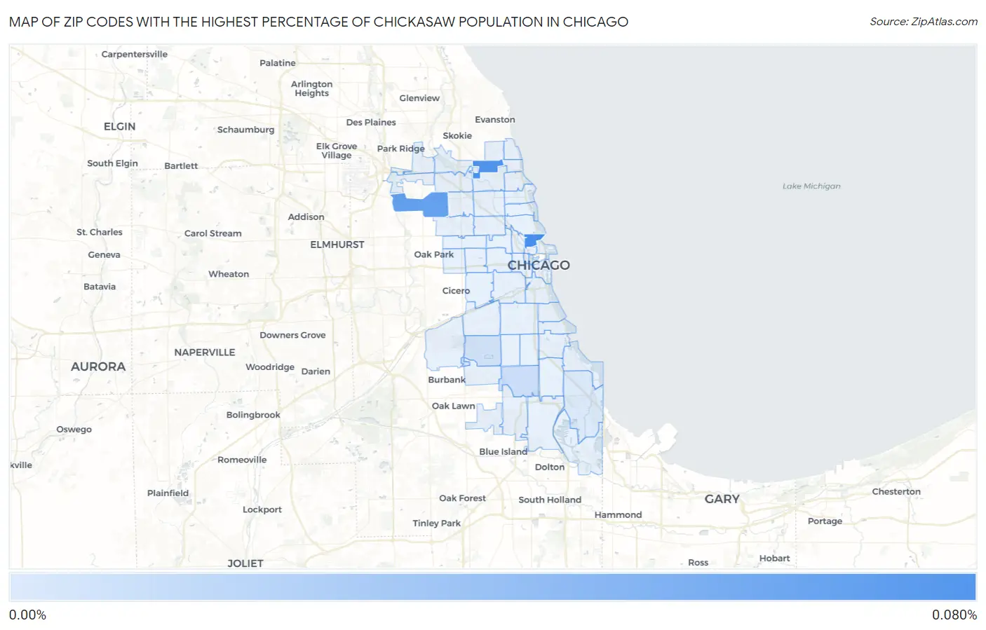 Zip Codes with the Highest Percentage of Chickasaw Population in Chicago Map