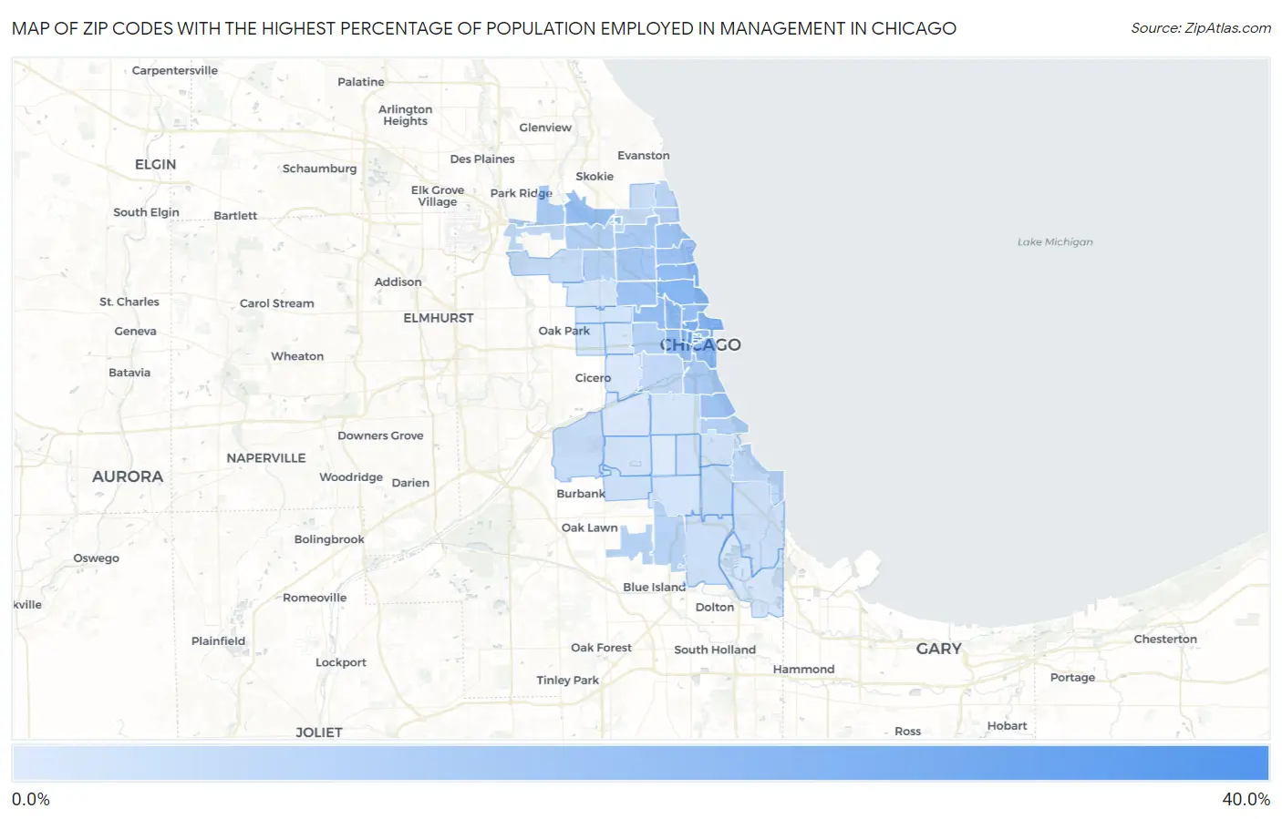 Zip Codes with the Highest Percentage of Population Employed in Management in Chicago Map