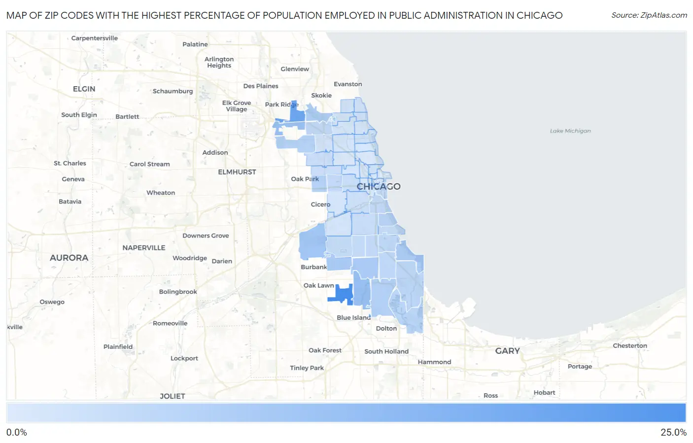 Zip Codes with the Highest Percentage of Population Employed in Public Administration in Chicago Map