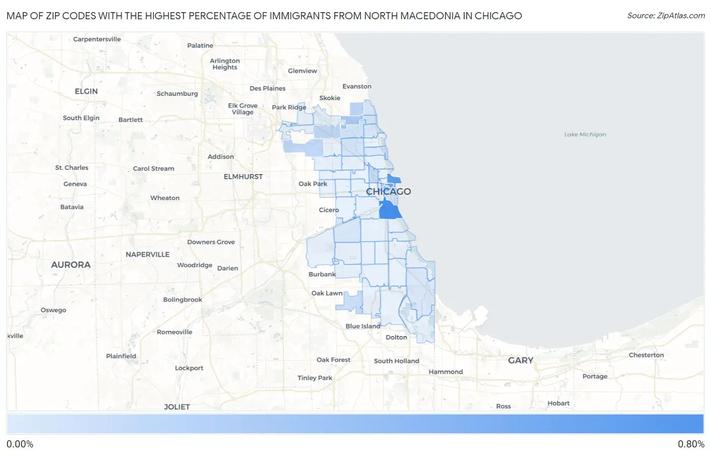 Zip Codes with the Highest Percentage of Immigrants from North Macedonia in Chicago Map
